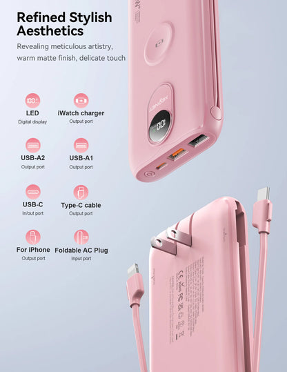10000mAh Power Bank with AC Wall Plug,22.5W SCP/20W PD Fast Charging,Built-in Cables,Wireless Charger for Apple Watch