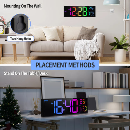16" Large Digital Wall Clock, Big LED Display with Remote, 9 RGB Color, Alarm, DST, Temperature for Living Room, Kitchen